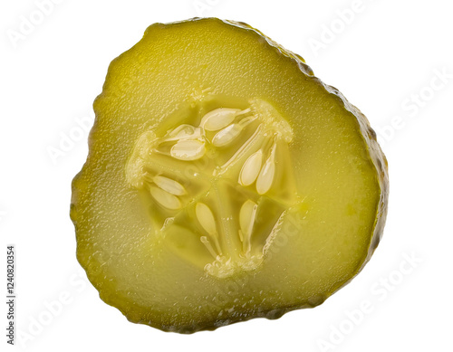 fresh pickled cucumber slice with brine texture and seeds, juicy fermented cucumber cut on isolated background
