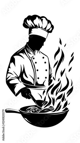 Illustration of a chef holding a frying pan. Frying pan on fire. Cooking flambé dish.