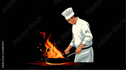 Illustration of a chef holding a frying pan. Frying pan on fire. Cooking flambé dish.