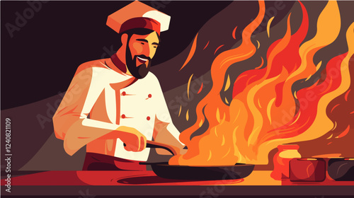 Illustration of a chef holding a frying pan. Frying pan on fire. Cooking flambé dish.