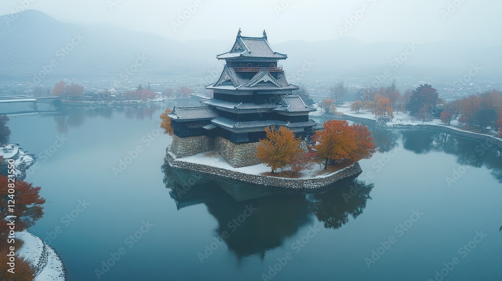 Obraz premium Misty Autumn Castle Island Aerial View