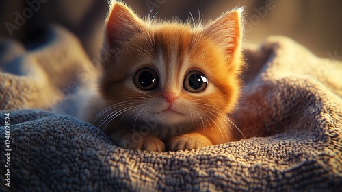 Ultra-realistic Portrait of an Adorable Cat with Big Round Eyes, Soft Fluffy Fur, and a Playful Innocent Expression on a Cozy Blanket