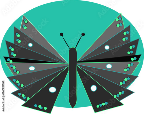 Abstract vector drawing of a moth or butterfly in shades of grey, green and blue