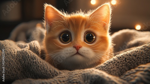 Ultra-realistic Portrait of an Adorable Cat with Big Round Eyes, Soft Fluffy Fur, and a Playful Innocent Expression on a Cozy Blanket