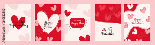 Valentine's day concept posters set in flat red and pink paper hearts background. Cute simple and love sale banners or greeting cards.