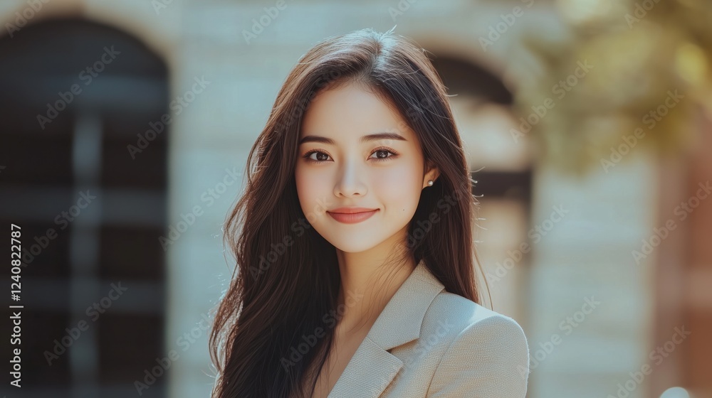 Professional Portrait | beige blazer, natural lighting, outdoor setting, soft smile, casual, lifestyle, warm tones, architectural background, modern, approachable Professional Portrait | beige blazer, natural lighting, outdoor setting, soft smile, casual, lifestyle, warm tones, architectural background, modern, approachable