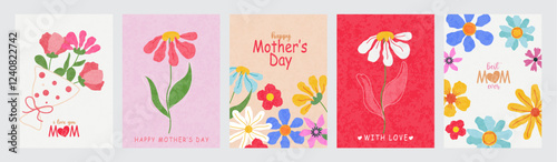 Mother's Day Greeting card set, banner, poster, flyer, label or cover with flowers frame, abstract floral pattern art style. Spring summer bright abstract floral design template for ads promo