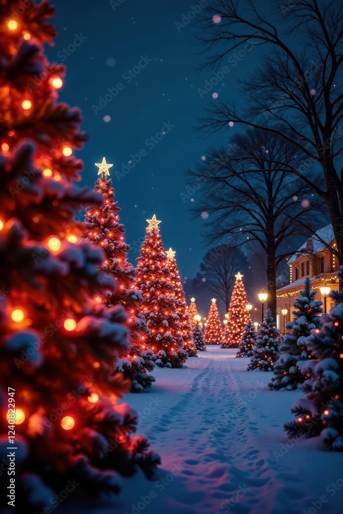 Panoramic view of illuminated Christmas trees and festive decorations , wreath, star, bright Panoramic view of illuminated Christmas trees and festive decorations , wreath, star, bright