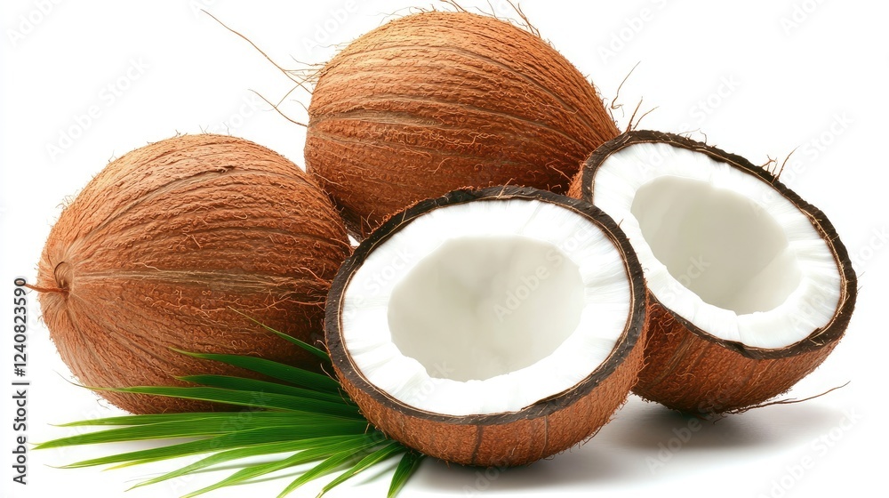A display of fresh whole and halved coconuts arranged on a clean white background, highlighting tropical freshness A display of fresh whole and halved coconuts arranged on a clean white background, highlighting tropical freshness