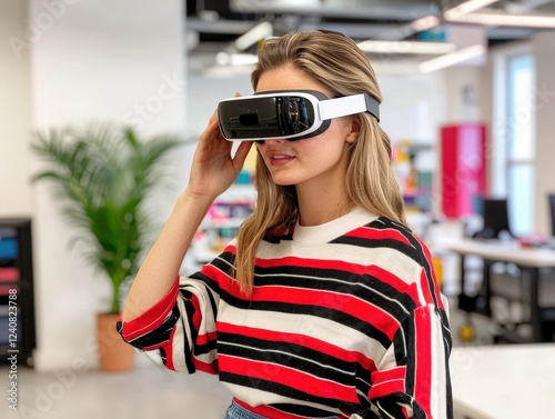 Young Woman Experiencing Virtual Reality Technology in Modern Office Environment with Creative Workspace photo