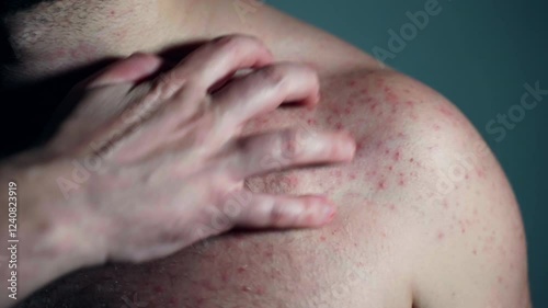 Incorrect body hygiene, excessive sweating, food, chemicals or medicine poisoning, or insect bite leading to serious skin rashes, man hand scratching chest and shoulder covered with red small pimples