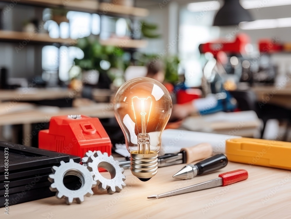 Fototapeta premium Creative workspace with light bulb and tools on wooden desk, inspiration for innovation and engineering projects