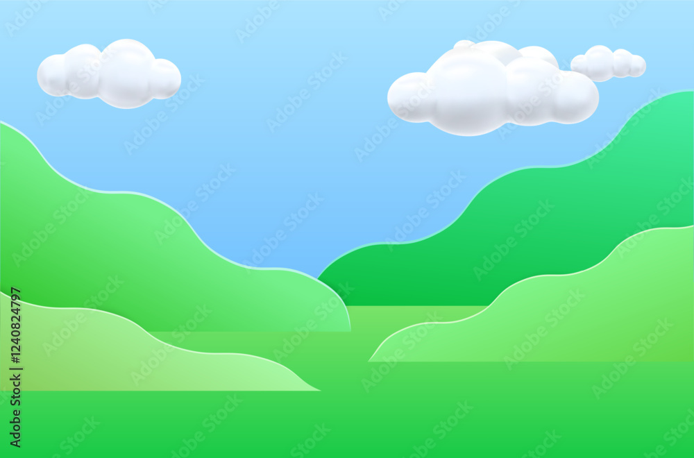 Playful Cartoon Landscape with Clouds and Hills Playful Cartoon Landscape with Clouds and Hills