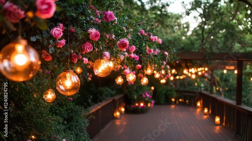 Wallpaper Mural A serene pathway adorned with glowing lanterns and vibrant roses, creating a romantic and inviting atmosphere in nature. Torontodigital.ca