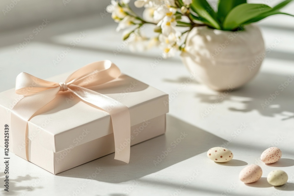 Elegant easter gift box with ribbon and spring decor for holiday celebration Elegant easter gift box with ribbon and spring decor for holiday celebration