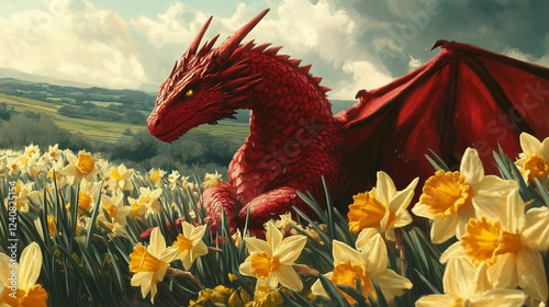Saint David's Day Holiday celebrated in Wales, Red Welsh dragon in yellow daffodil flowers illustration, banner with space for text