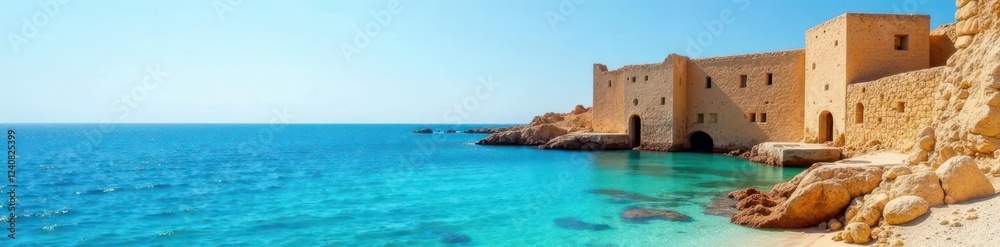 Sun-drenched Mahdia port remnants, ancient architecture against blue sea, ruins, blue, coast