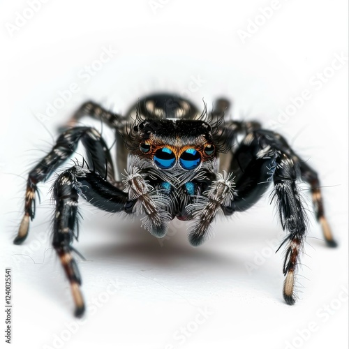 Close up of a jumping spider showcasing its vibrant blue eyes and intricate details on a clean white background photo