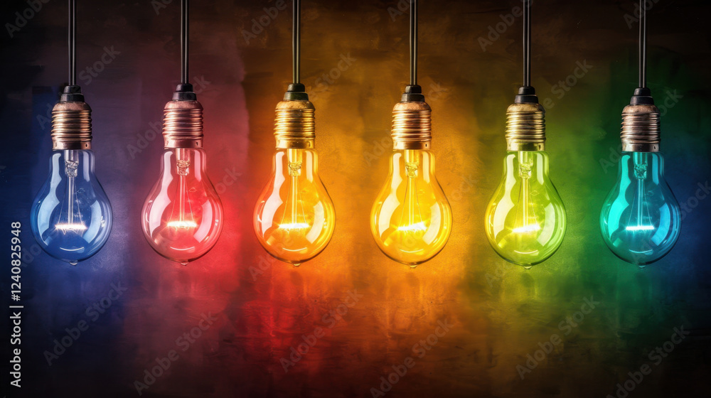 Colorful hanging light bulbs create vibrant atmosphere, showcasing spectrum of colors from blue to green, red, yellow, and orange, perfect for modern decor Colorful hanging light bulbs create vibrant atmosphere, showcasing spectrum of colors from blue to green, red, yellow, and orange, perfect for modern decor