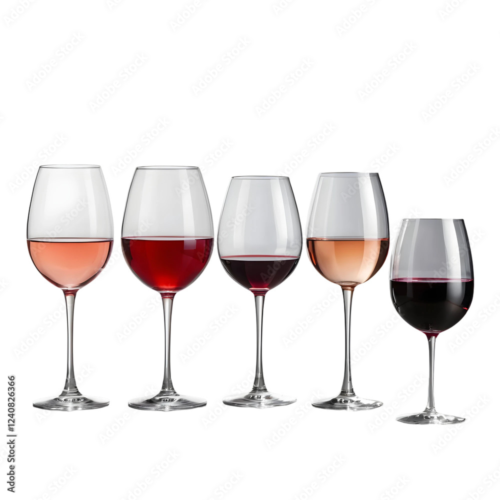 A line of four wine glasses, each containing a different type of wine - red, rose, and white. A line of four wine glasses, each containing a different type of wine - red, rose, and white.
