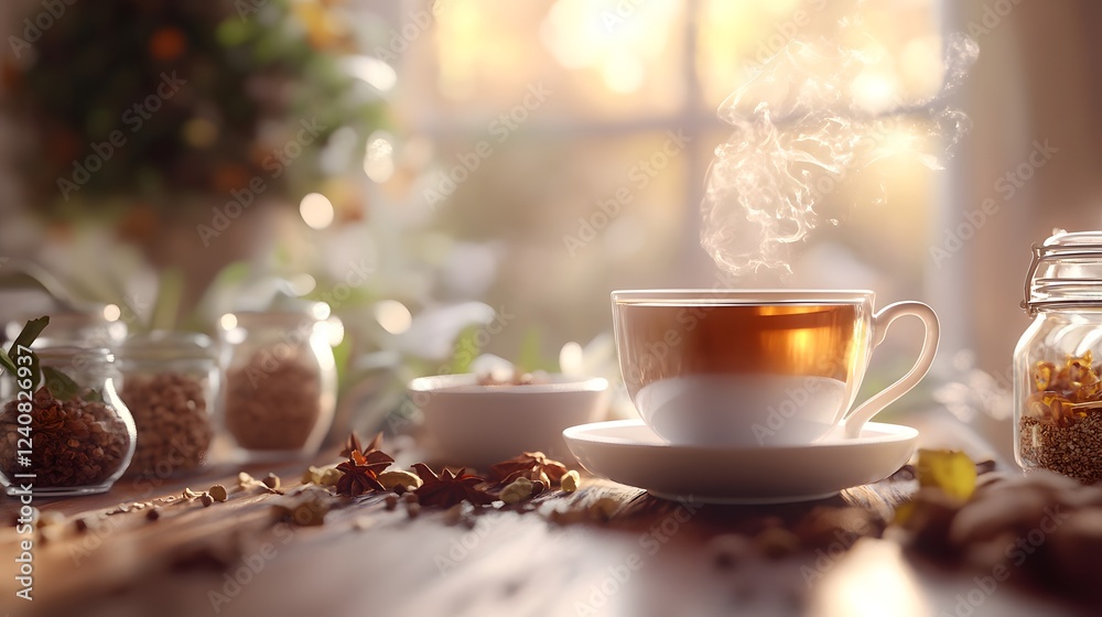 Fototapeta premium A Cozy Still-Life of Spicy Chai Tea with Whole Spices and Creamy Milk on an Elegant Wooden Table