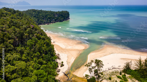 Aerial shot of a sandy beach surrounded by dense tropical rainforest at Bako, Borneo