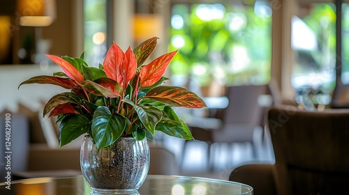 Red plant in glass pot, hotel lobby, blurred background, interior design