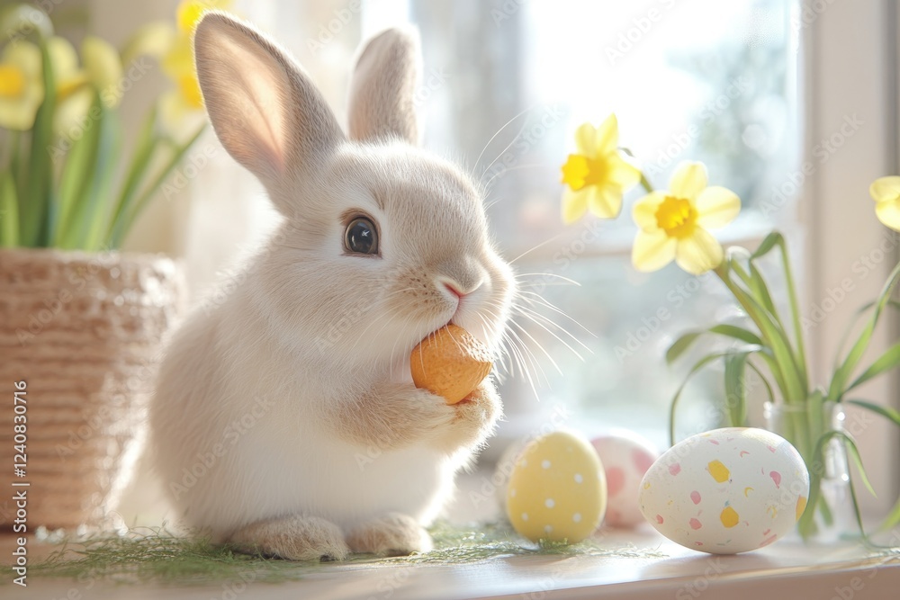 Adorable bunny with carrot-shaped treat among easter eggs and flowers Adorable bunny with carrot-shaped treat among easter eggs and flowers