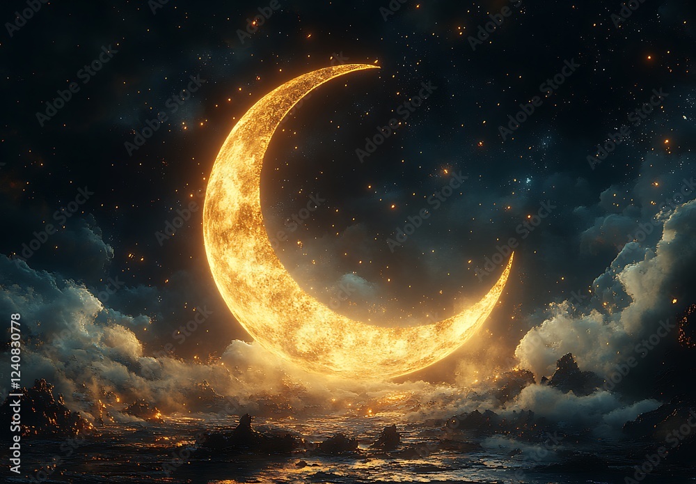 Fototapeta premium Luminous Crescent Moon Over Starry Sky and Tranquil Ocean