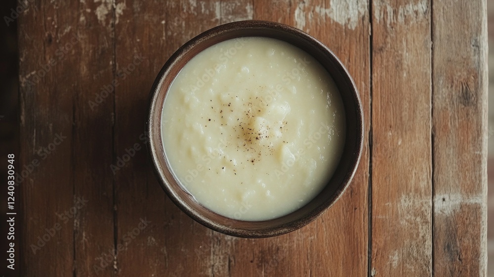 Potato and leek soup served on a wooden table Potato and leek soup served on a wooden table