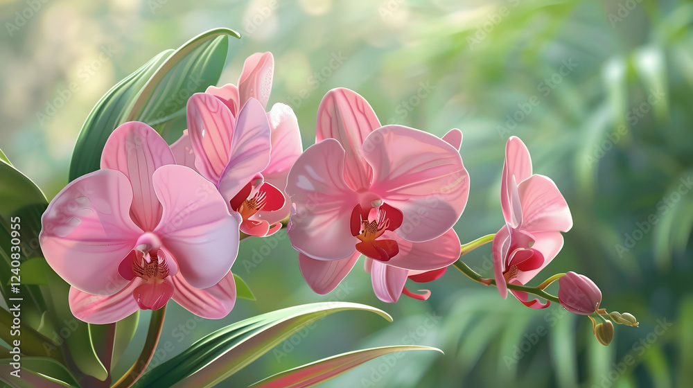 Fototapeta premium A vibrant display of pink orchids in a lush green garden, capturing the essence of nature's beauty