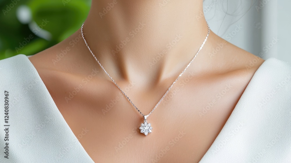 Woman wearing elegant diamond necklace, close-up Woman wearing elegant diamond necklace, close-up