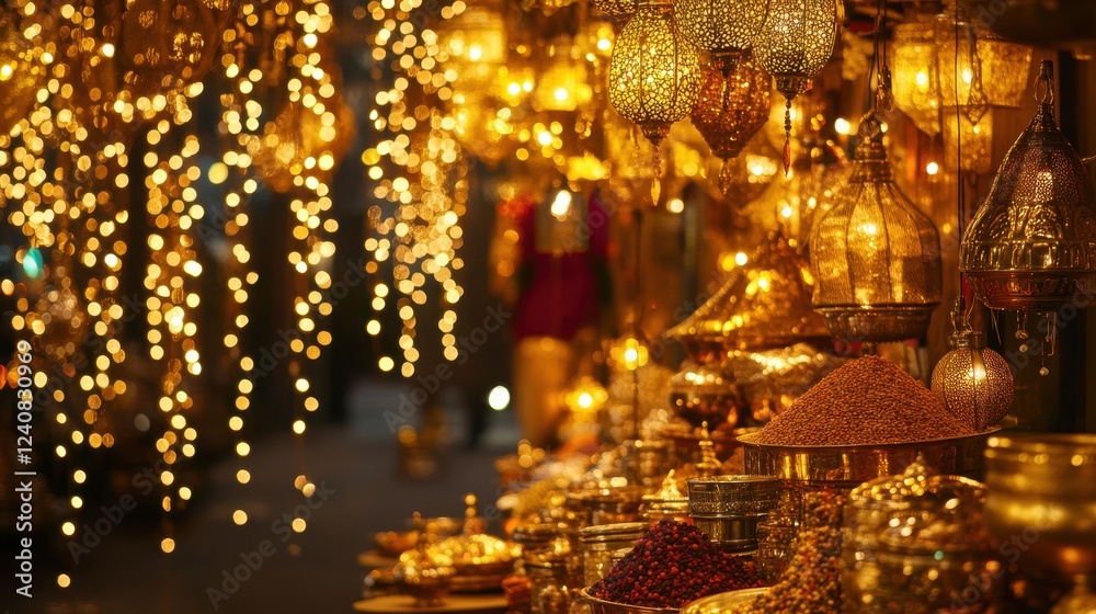 Obraz premium Golden Lights and Lamps Illuminating a Night Market