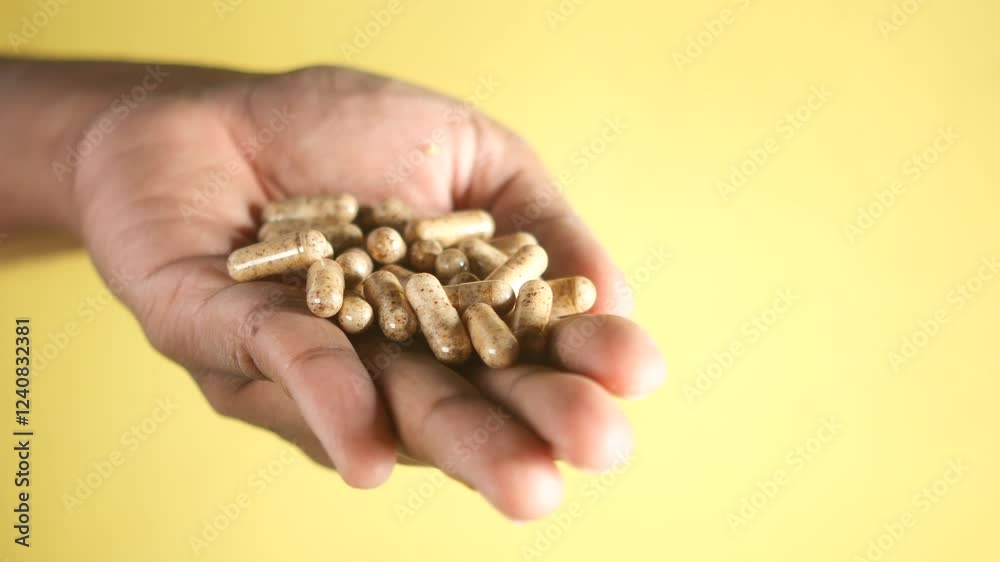 Hand holding various herbal capsules against a bright background Hand holding various herbal capsules against a bright background