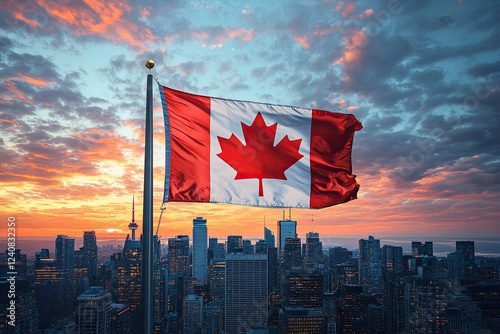 A huge Canadian flag flutters in the sky over a large city at sunset. Generated by artificial intelligence