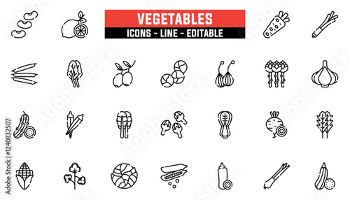 Set of 25 line icons vegetables. Editable stroke. Vector illustration