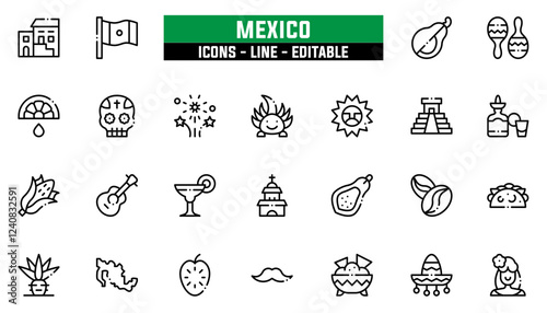 Set of 25 line icons Mexico. Editable stroke. Vector illustration