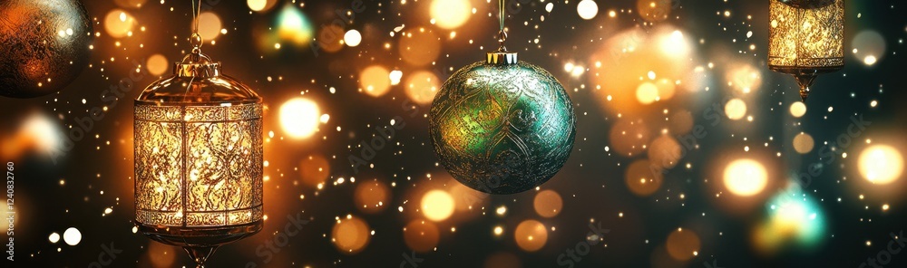 Obraz premium Ornate Golden Ornaments with Sparkling Lights Against a Dark Background