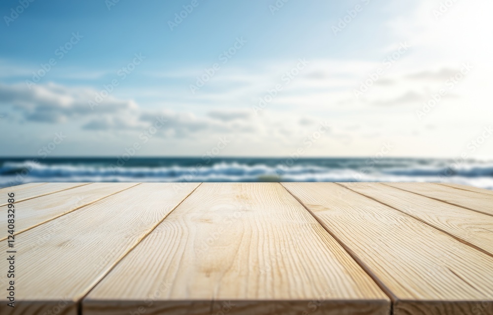 Peaceful Ocean View with a Sunny Sky and Wooden Table Peaceful Ocean View with a Sunny Sky and Wooden Table