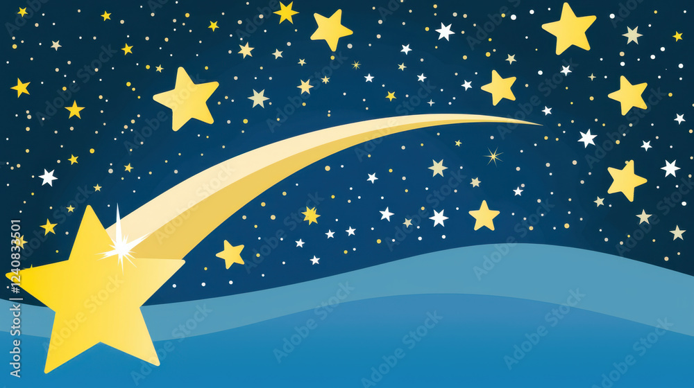 Naklejka premium bright shooting star glides across night sky filled with twinkling stars, creating magical atmosphere. scene evokes feelings of wonder and dreams