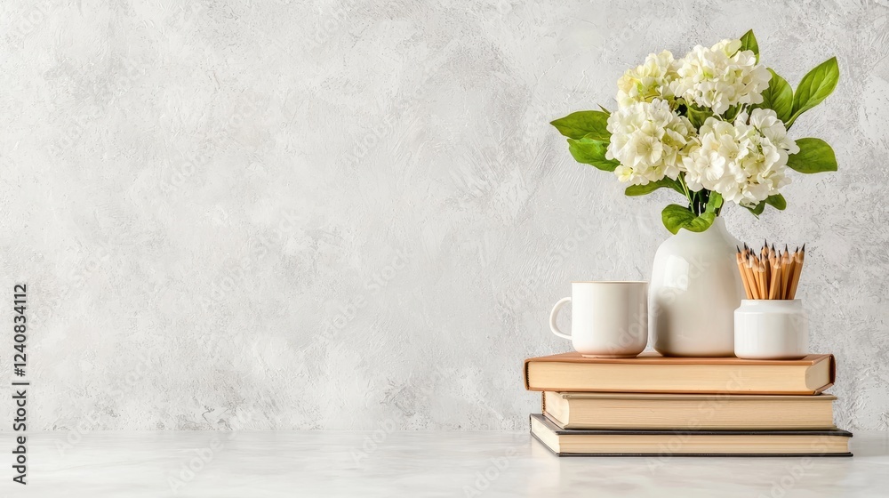 Fototapeta premium White flowers, books, and coffee on a table