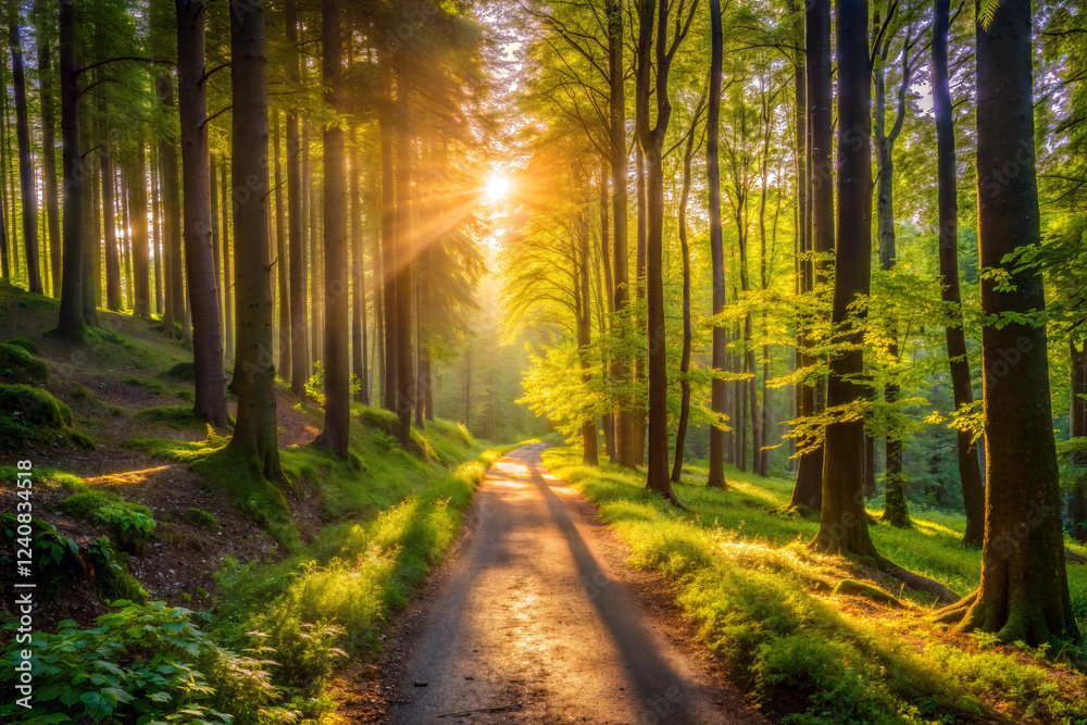 Fototapeta premium A Narrow Dirt Path Through a Sunlit Forest