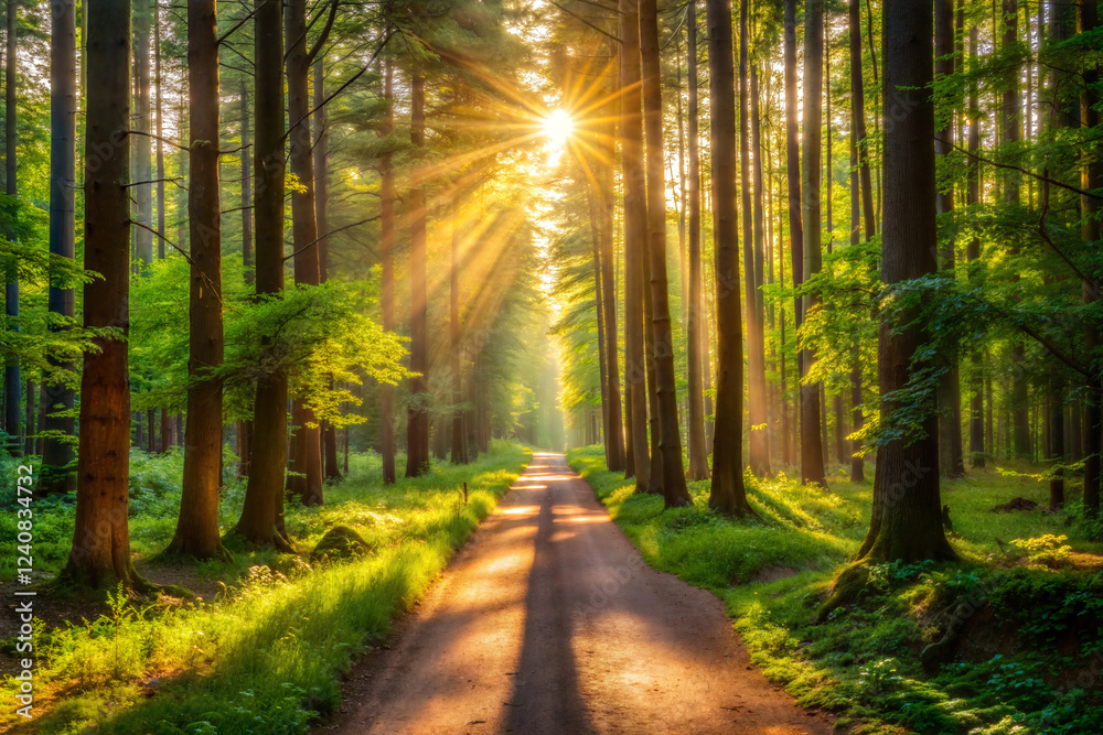 Obraz premium A Narrow Dirt Path Through a Sunlit Forest