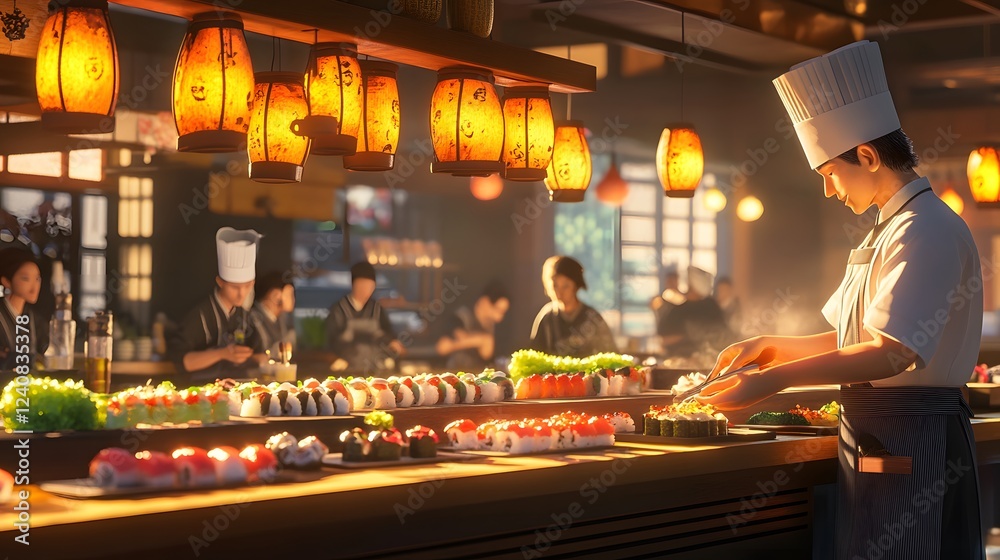 A Dynamic Sushi Bar Scene with Chefs Preparing Fresh Sushi Amidst a Lively Dining Atmosphere A Dynamic Sushi Bar Scene with Chefs Preparing Fresh Sushi Amidst a Lively Dining Atmosphere