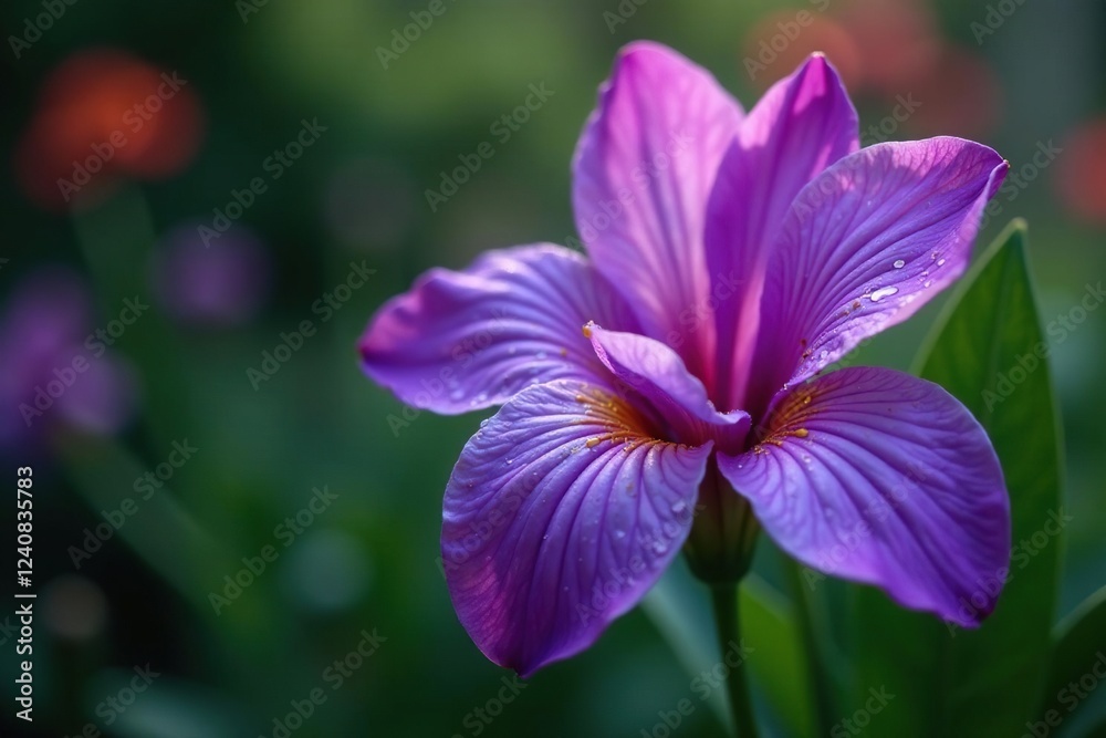 Large wet purple flower with drooping petals in a botanical garden, enlargement, purple, macro Large wet purple flower with drooping petals in a botanical garden, enlargement, purple, macro