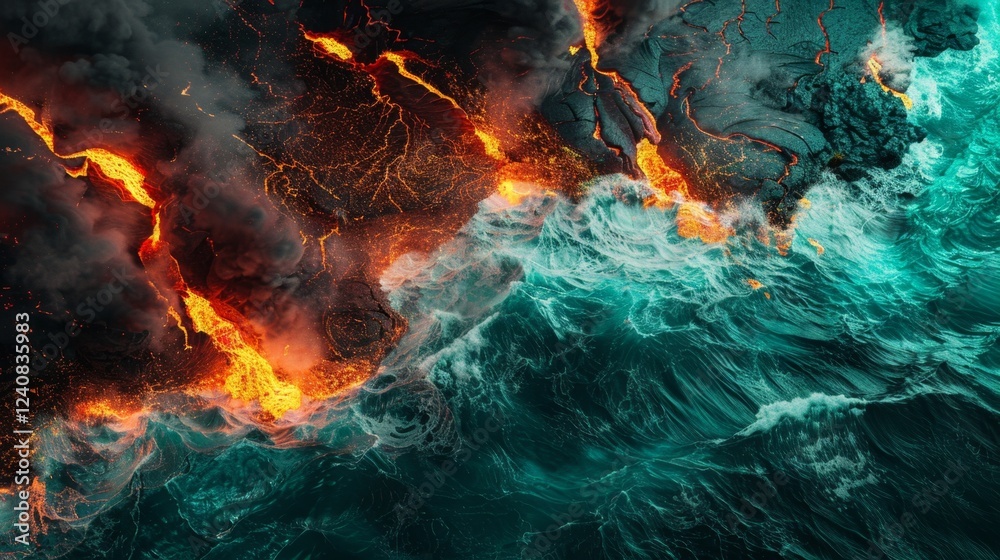 A volcano erupts into the ocean, creating a fiery and dramatic scene. The water is choppy and the waves are crashing against the shore. The contrast between the fiery lava A volcano erupts into the ocean, creating a fiery and dramatic scene. The water is choppy and the waves are crashing against the shore. The contrast between the fiery lava