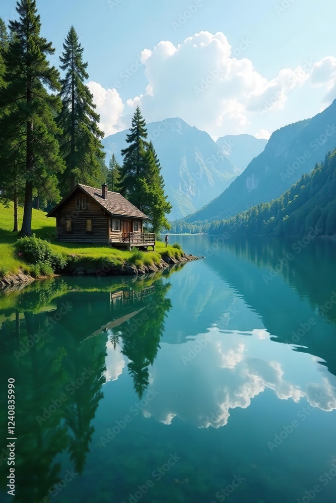 Fototapeta premium A tranquil lake with a small wooden cottage in the background, serene, tranquil, greenery