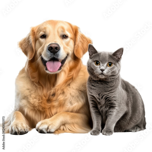 Golden retriever and grey cat relaxing together on a transparent background in a friendly pose showcasing their companionable nature photo