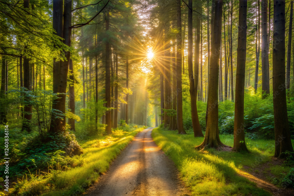 Obraz premium A Narrow Dirt Path Through a Sunlit Forest