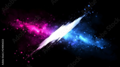 vector illustration, dark dramatic background of a glowing white diagonal backslash dividing two areas of glowing color, deep purple and blue on black